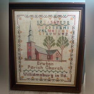 Vintage Framed Cross Stitch Needlework Colonial Williamsburg Bruton Church